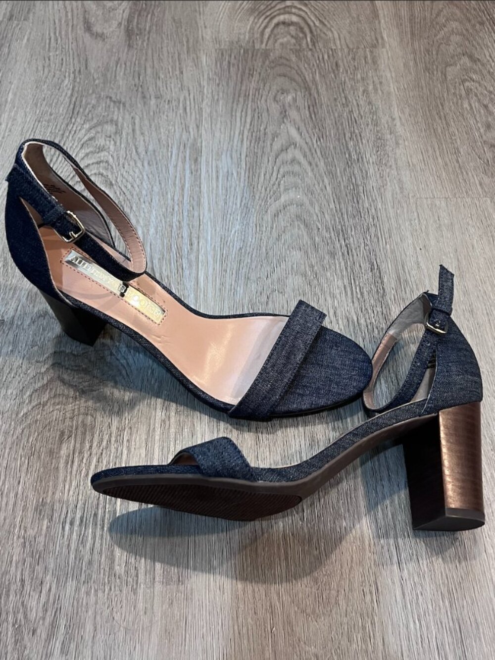 Audrey Brooke Denim Ankle Strap Block Heels Size 8M A dark denim fabric with an